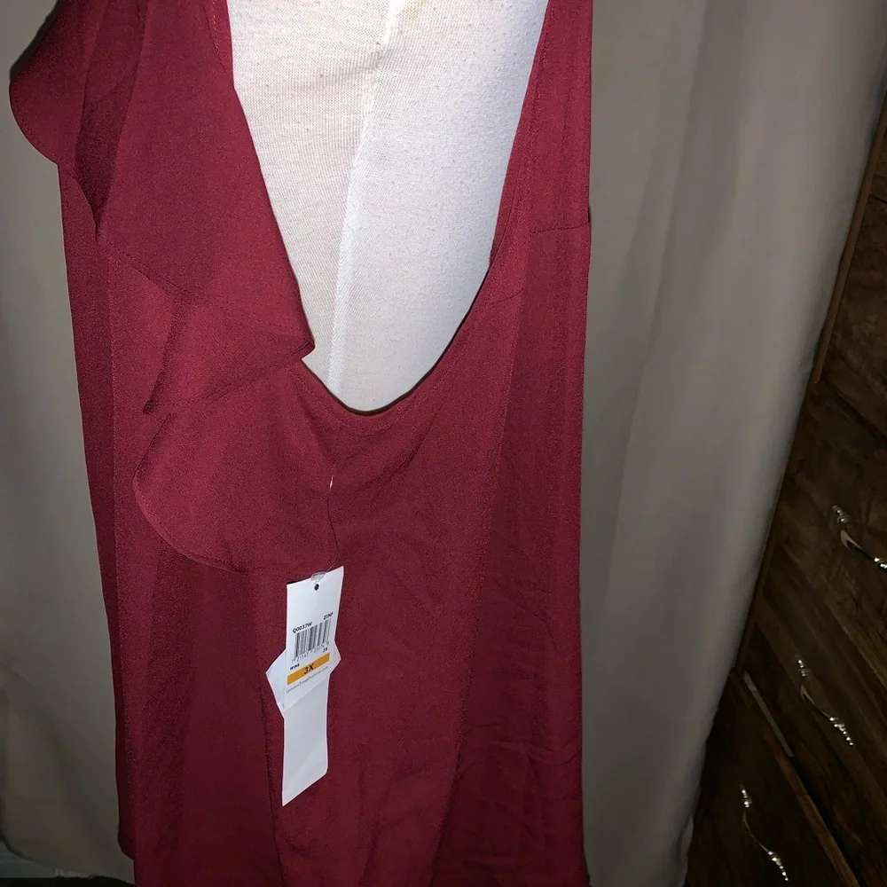 London Times Woman 3X Burgundy Sleeveless Ruffle Blouse Tunic NWT